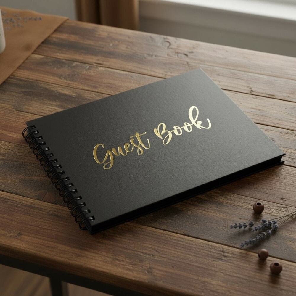 Black Guest Book Wedding 10x8 Hardcover Gold Foil Lettering 70 Pages w/ Pen